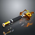 Golden Decorative Weapon with Black Grip Ornate Metal Wings and Shiny 3D Rendered Design