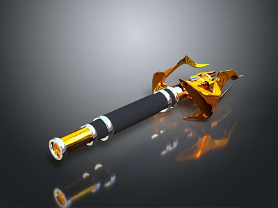Golden Decorative Weapon with Black Grip Ornate Metal Wings and Shiny 3D Rendered Design 3d model