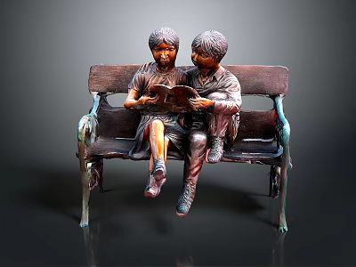 Two Young Men Sitting On Wooden Bench Reading Book Together In Bronze Sculpture 3d model