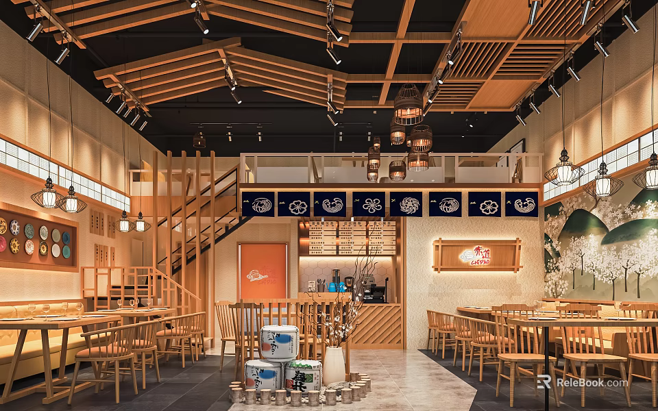 Warm Wooden Restaurant Interior With Open Layout Pendant Lights And Decorative Elements 3d model