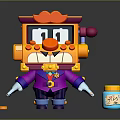 Cartoonish Square Purple Orange Game Movie Character With Mechanical Hat Blue Potion And Gold Coins