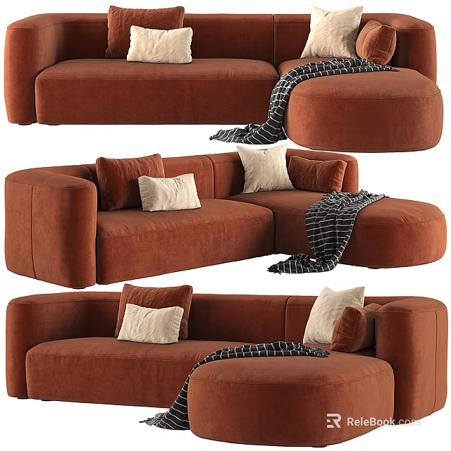Brown Velvet Sectional Sofa With Multiple Cushions Ottoman And Striped Blanket 3d model 