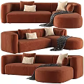 Brown Velvet Sectional Sofa With Multiple Cushions Ottoman And Striped Blanket
