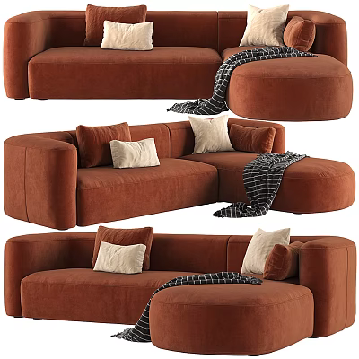 Brown Velvet Sectional Sofa With Multiple Cushions Ottoman And Striped Blanket 3d model