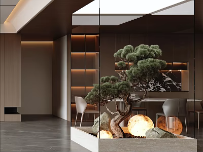 Modern Interior Design With Glass Partition Bonsai Pine Wooden Elements Stones And Glowing Orbs 3d model