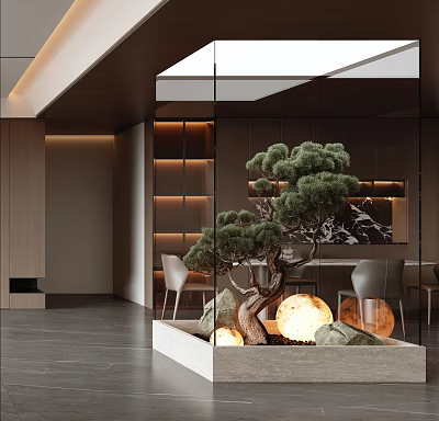 Modern Interior Design With Glass Partition Bonsai Pine Wooden Elements Stones And Glowing Orbs 3d model