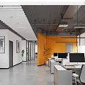 Modern Public Office Space With Orange Wall Green Plants Desks Computers Office Chairs