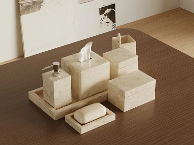Bathroom Accessories Set With Beige Marble Soap Dispenser Tissue Box Storage Boxes And Soap Dish 3d model