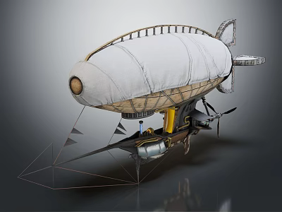 Vintage Steampunk Airship With White Envelope Metal Frame Propeller And Cabin 3d model
