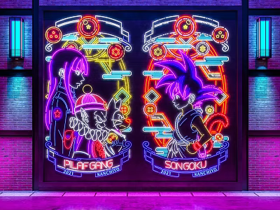 Neon Decorative Lights With Anime Characters Plufang Sangoku On Brick Wall And Blue Side Lamps 3d model