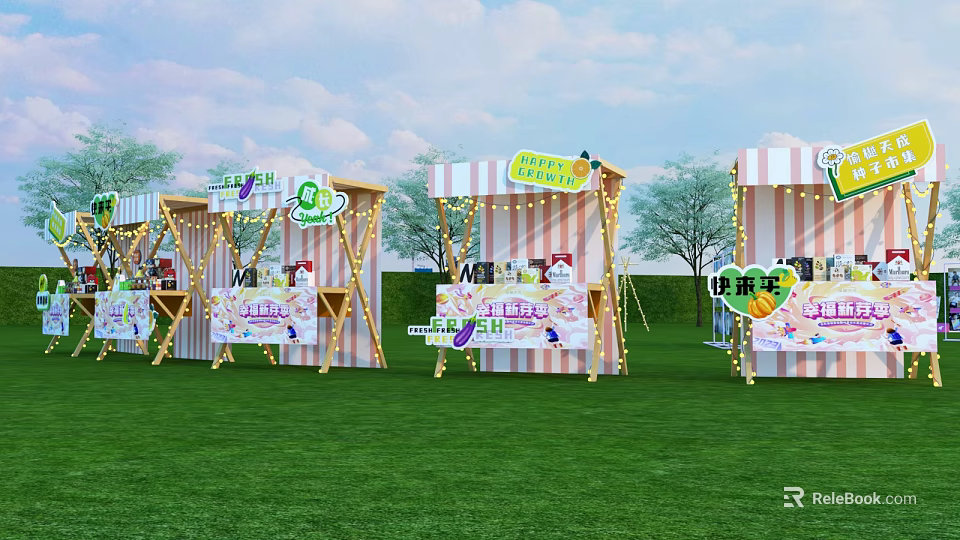 Outdoor Commercial Equipment Fruit Themed Stalls With Striped Canopies On Grassland 3d model 