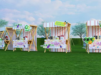 Outdoor Commercial Equipment Fruit Themed Stalls With Striped Canopies On Grassland 3d model