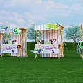 Outdoor Commercial Equipment Fruit Themed Stalls With Striped Canopies On Grassland