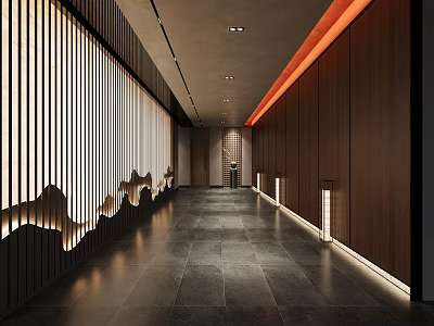 Modern Elegant Hotel Corridor with Wooden Walls Light Strips Black Floor Tiles and Linear Decorations 3d model