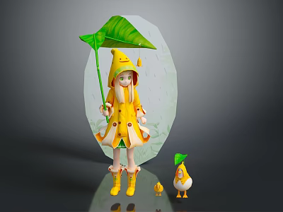 Girl Wearing Yellow Raincoat Holding Green Leaf Umbrella With Little Ducks And Small Leaf Decor 3d model