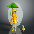Girl Wearing Yellow Raincoat Holding Green Leaf Umbrella With Little Ducks And Small Leaf Decor