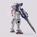 Detailed Blue and White Robot Model Featuring Large Sword With Pink Beams Behind