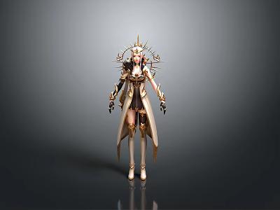 Woman in Elegant Golden Decorated Outfit with Crown Robe and Long Boots 3d model