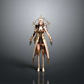Woman in Elegant Golden Decorated Outfit with Crown Robe and Long Boots
