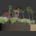 Detached Villa with Red Tile Roof Palm Trees Beachfront Boat Pier and Lush Greenery