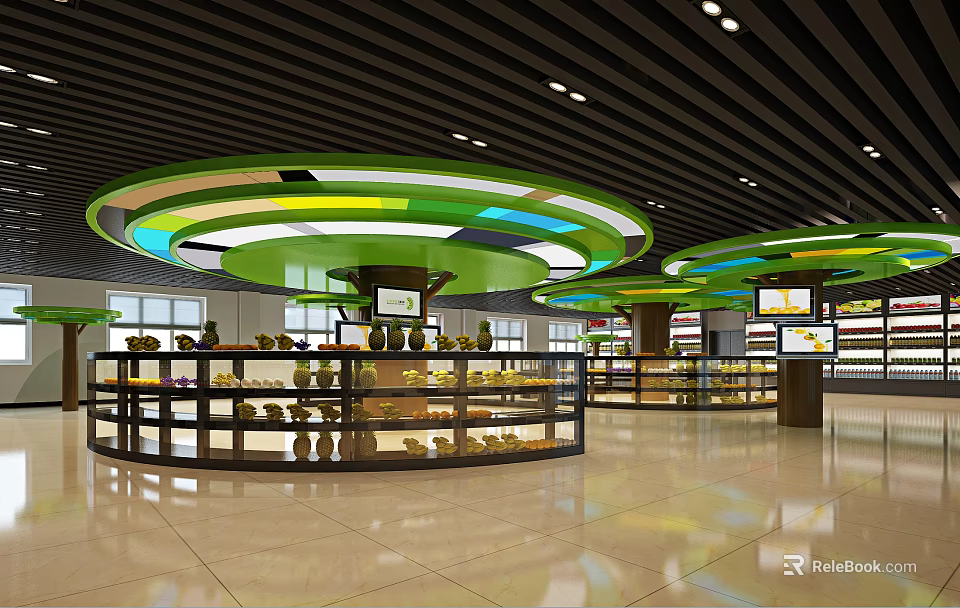 Modern Supermarket Interior With Circular Fruit Vegetable Display Stands Green Ceiling Lights And Bright Shelves 3d model 