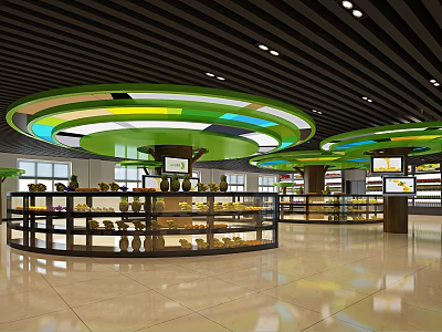 Modern Supermarket Interior With Circular Fruit Vegetable Display Stands Green Ceiling Lights And Bright Shelves 3d model