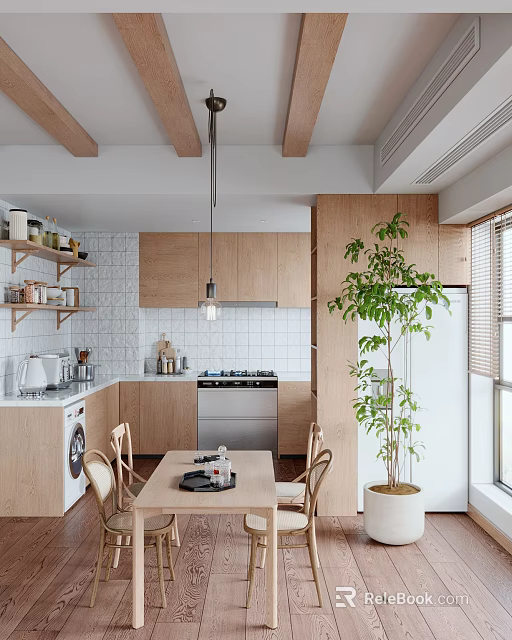 Bright Natural Wood Dining Space With Practical Open Kitchen And Fresh Indoor Greenery Decoration 3d model 