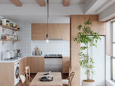 Bright Natural Wood Dining Space With Practical Open Kitchen And Fresh Indoor Greenery Decoration 3d model