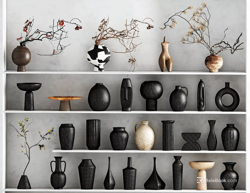 Ceramic Vessels in Various Shapes and Colors on White Shelves with Twig Decorations 3d model 