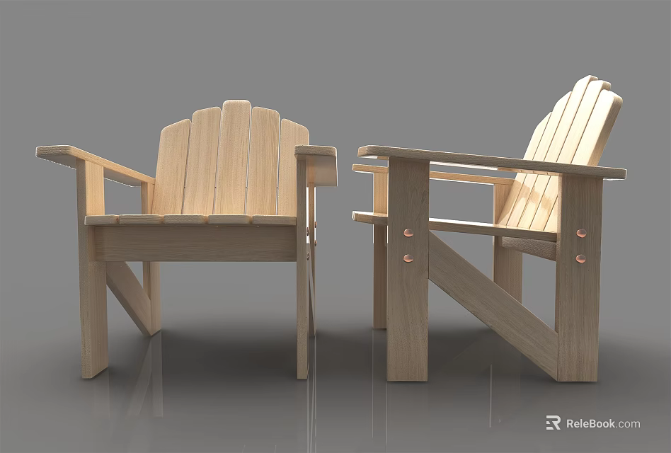 Two Wooden Leisure Chairs With Simple Design And Armrests For Outdoor Seating 3d model 