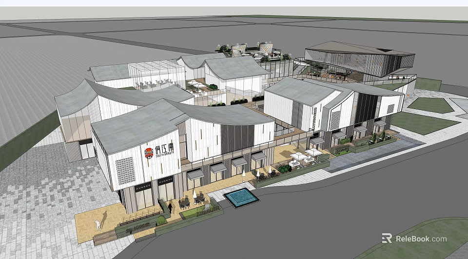 Modern Commercial Street With Sloped Roof Design Outdoor Plazas Shops And Greenery 3d model 