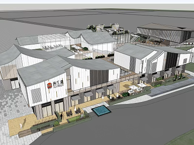 Modern Commercial Street With Sloped Roof Design Outdoor Plazas Shops And Greenery 3d model