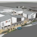 Modern Commercial Street With Sloped Roof Design Outdoor Plazas Shops And Greenery