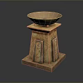 Carved Stone Stool With Square Base Intricate Patterns And Brass Bowl On Top