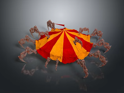 Colorful Red And Yellow Circus Tent With Human Like Sculptures Supporting Structure 3d model