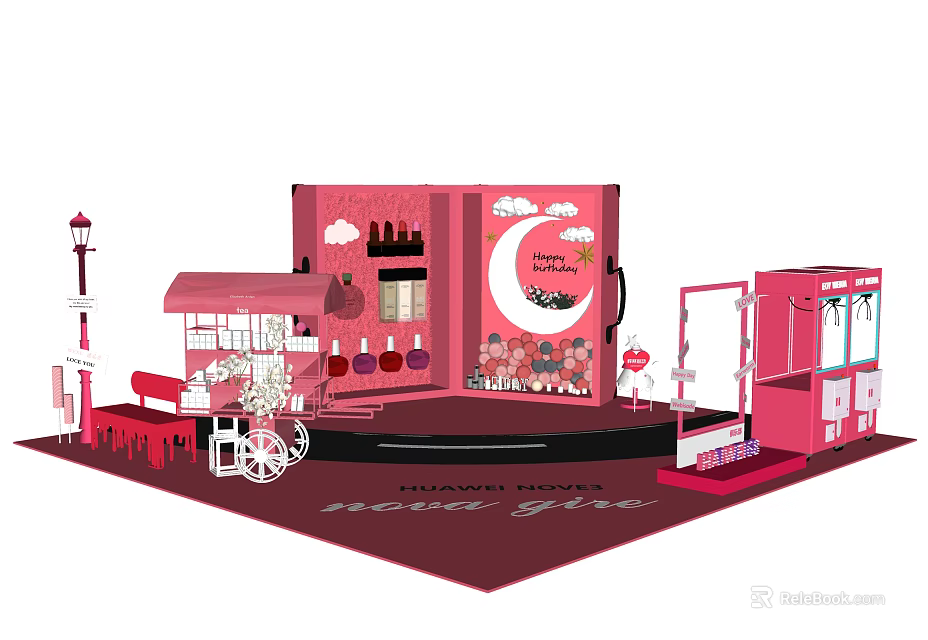 Floral Display Installation With Pink Theme Moon Cloud Decorations Flower Cart And Bench 3d model 