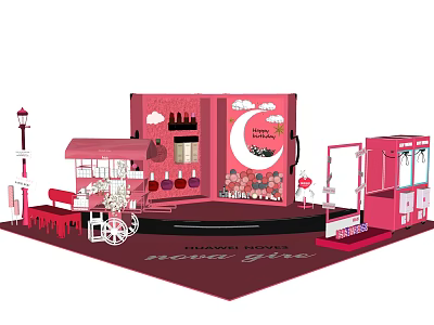 Floral Display Installation With Pink Theme Moon Cloud Decorations Flower Cart And Bench 3d model