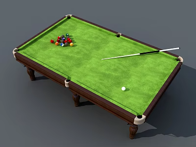 Wooden Billiard Table with Green Felt Surface Colorful Balls Cue Stick and White Cue Ball 3d model