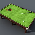 Wooden Billiard Table with Green Felt Surface Colorful Balls Cue Stick and White Cue Ball