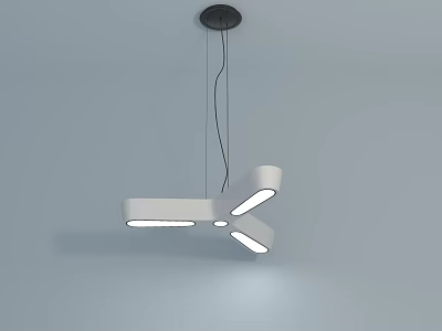 Modern Minimalist Chandelier With White Curved Arms And Illuminated Lights Against Light Blue Wall 3d model