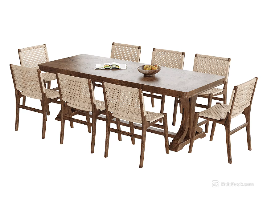 Natural Style Rectangular Wooden Dining Table With Eight Woven Seat Chairs And Fruit Bowl 3d model 