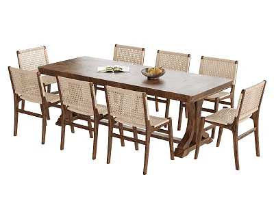 Natural Style Rectangular Wooden Dining Table With Eight Woven Seat Chairs And Fruit Bowl 3d model