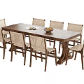 Natural Style Rectangular Wooden Dining Table With Eight Woven Seat Chairs And Fruit Bowl