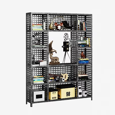 Black Metal Perforated Storage Shelving Unit With Shelves Holding Books Decorative Items And Storage Boxes 3d model