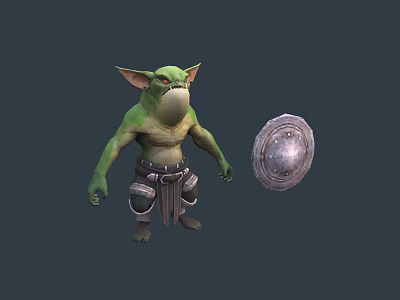 Game Movie Character With Green Skin Big Ears Round Belly Armor Pants And Shield 3d model