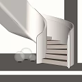 Modern Curved Staircase Design With Light Colored Railings Steps And Glowing Spherical Lamps