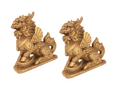 Pair Of Traditional Chinese Brass Qilin Sculptures With Decorative Winged Design 3d model