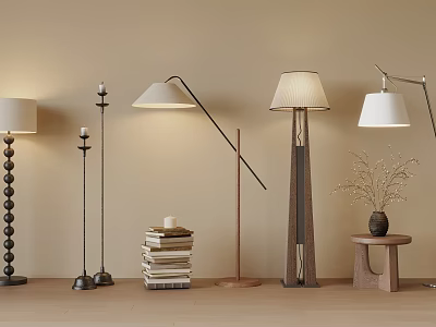 Floor Lamps With Beige Wall Wooden Floor Stack Of Books Small Table And Plant 3d model