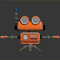 Orange Robot Figure With Large Round Eyes Blue Light Antenna Extended Arms And Metal Legs