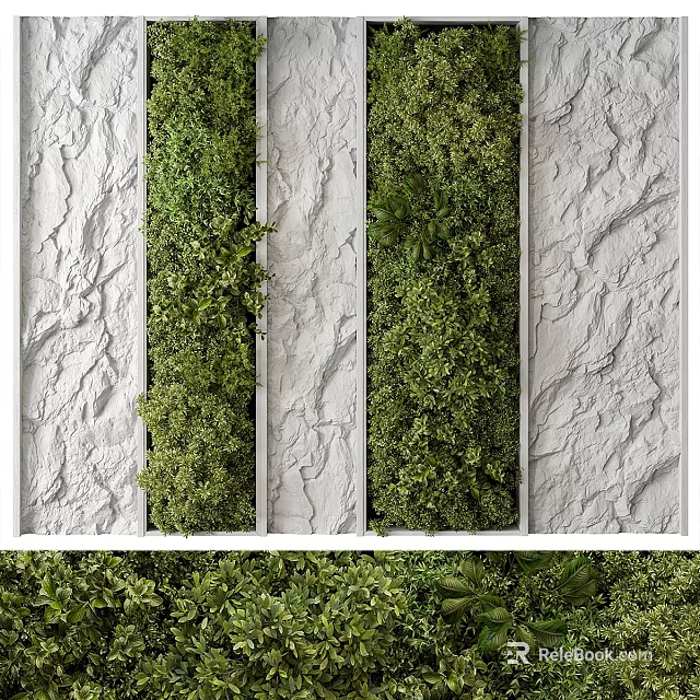 Vertical Greenery Wall With Textured White Walls And Lush Foliage 3d model 